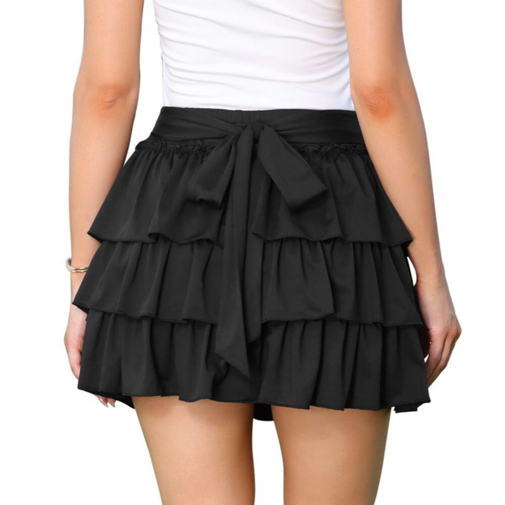 Women Elastic Waist Bow Back with Shorts Mini Ruffle Cake Skirt Black
